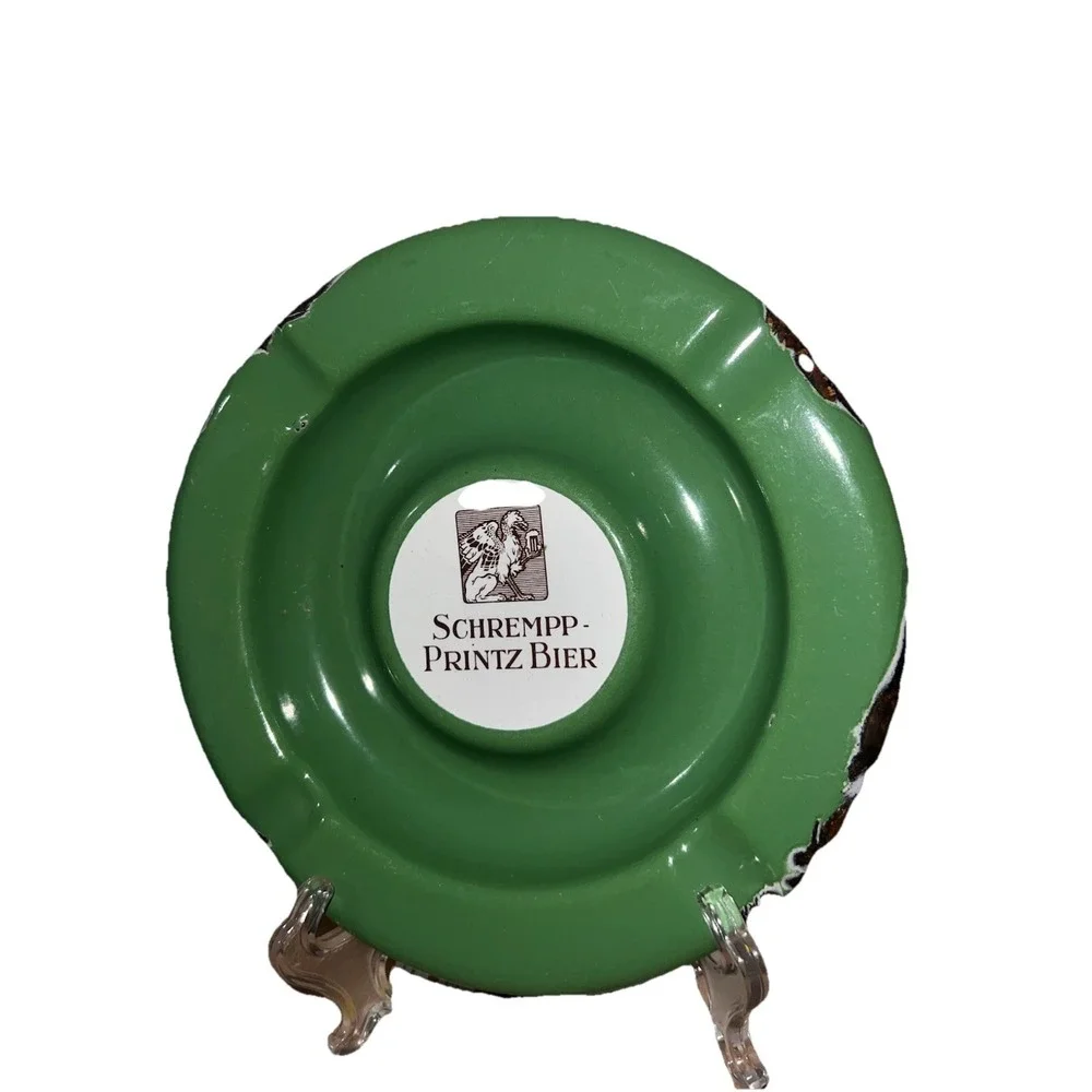Vintage Schrempp-Printz Bier Green Enamel Advertising Ashtray German Brewery